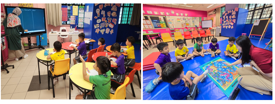 Two classroom scenes: children at desks facing a screen, and children sitting on a blue mat with a teacher and board game.