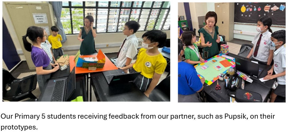 Two classroom scenes showing a woman in green giving feedback to groups of young students standing around desks with prototypes.