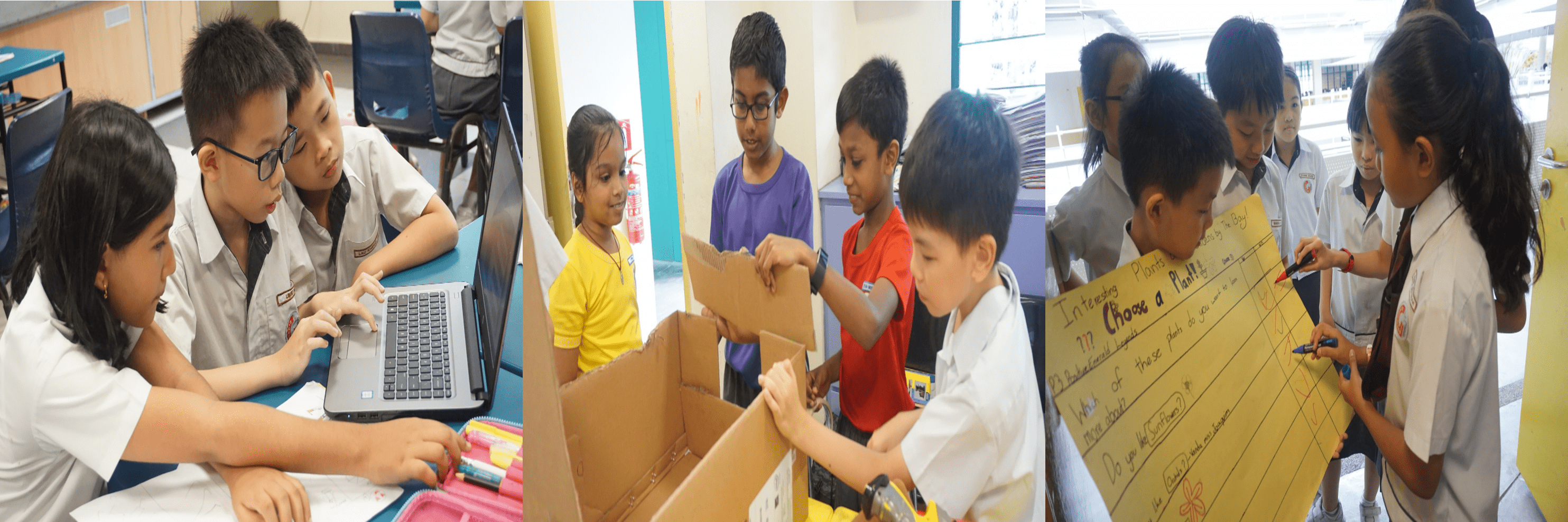 Three panels show children collaborating: using a laptop, assembling a cardboard box, and writing on a large yellow poster.