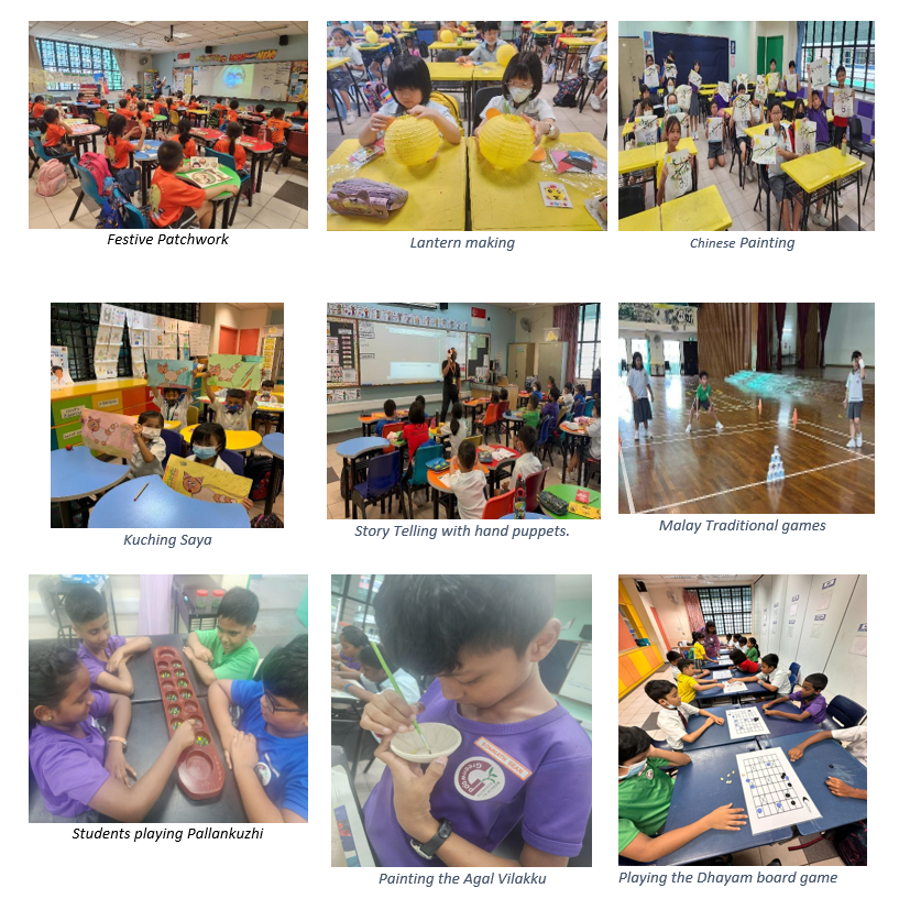 Nine photos of school children doing cultural activities including lantern making, Chinese painting, storytelling, and board games.