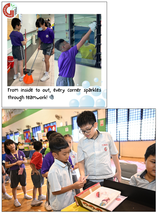 Students in purple uniforms clean windows and floors, while others gather around a project display in a school hall.