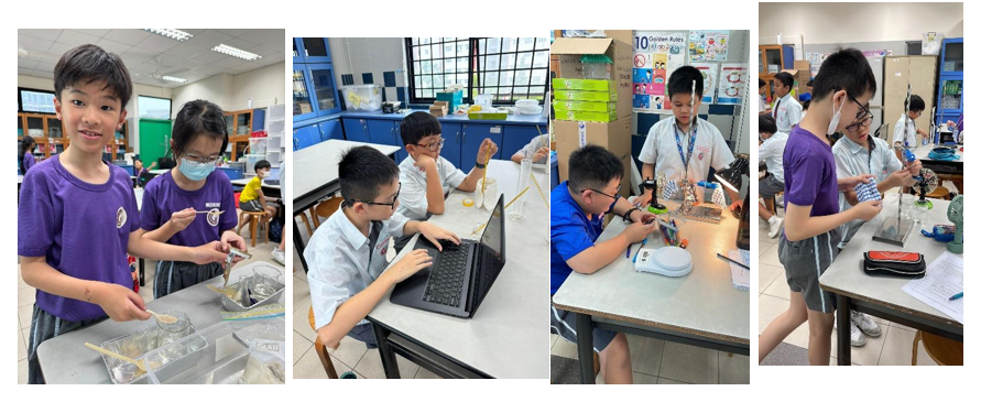Four photos of young students doing science activities in a classroom, using laptops, mixing materials, and handling equipment.