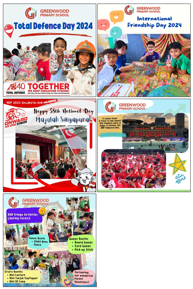 Five Greenwood Primary School event collages showing Total Defence Day, International Friendship Day, and National Day 2023 celebrations.