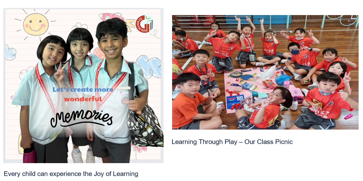 Three smiling students in uniforms pose left; right shows young children in red shirts sitting together at a class picnic.