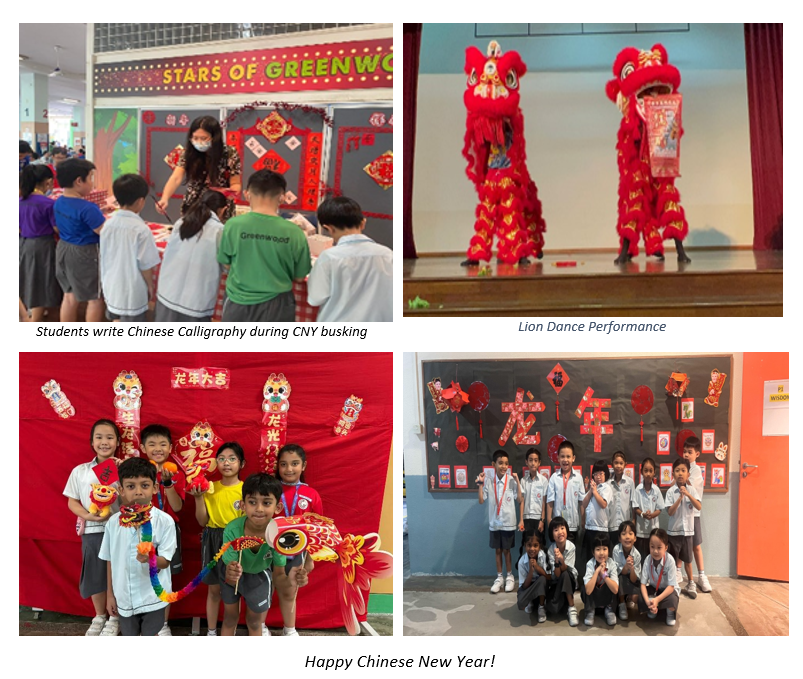 Four photos of students celebrating Chinese New Year with calligraphy, a lion dance, and group photos with decorations.