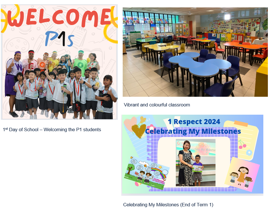 Four school scenes: P1 welcome group photo, colorful classroom, and a Celebrating My Milestones award event.