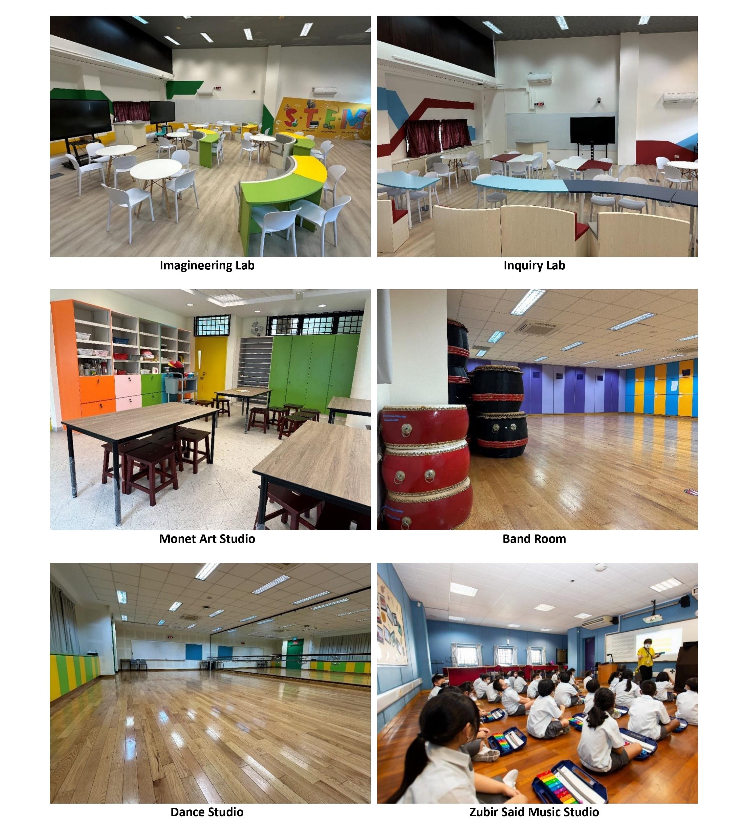 Six school rooms: Imagineering Lab, Inquiry Lab, Monet Art Studio, Band Room, Dance Studio, and Zubir Said Music Studio.