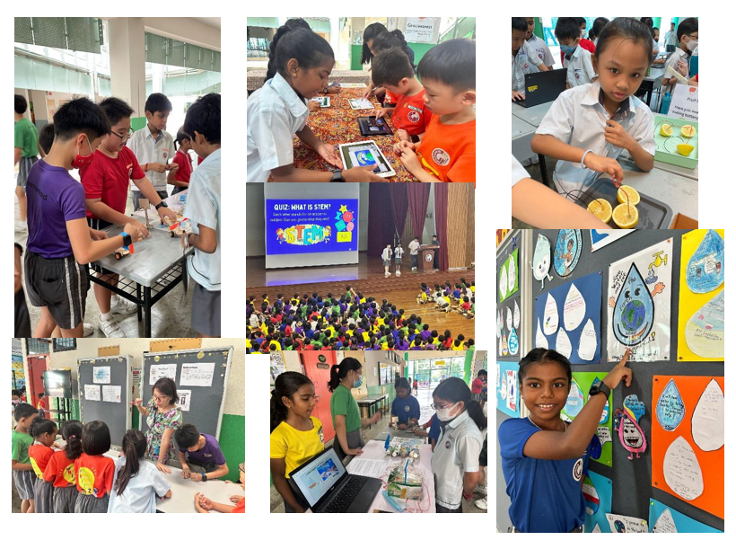 Collage of school children participating in STEM activities, including experiments, quizzes, and displaying projects.
