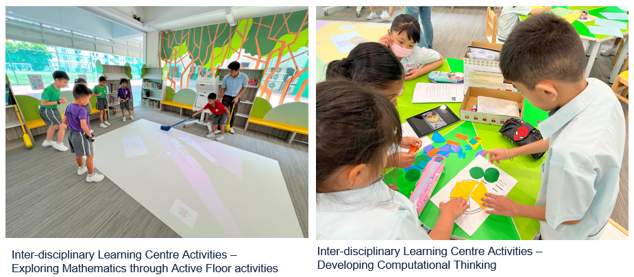 Children engage in interdisciplinary learning activities: playing on an interactive floor and sorting colorful shapes at a table.