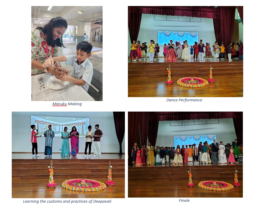 Four Deepavali event photos showing muruku making, a children's dance performance on stage, customs learning, and a group finale.