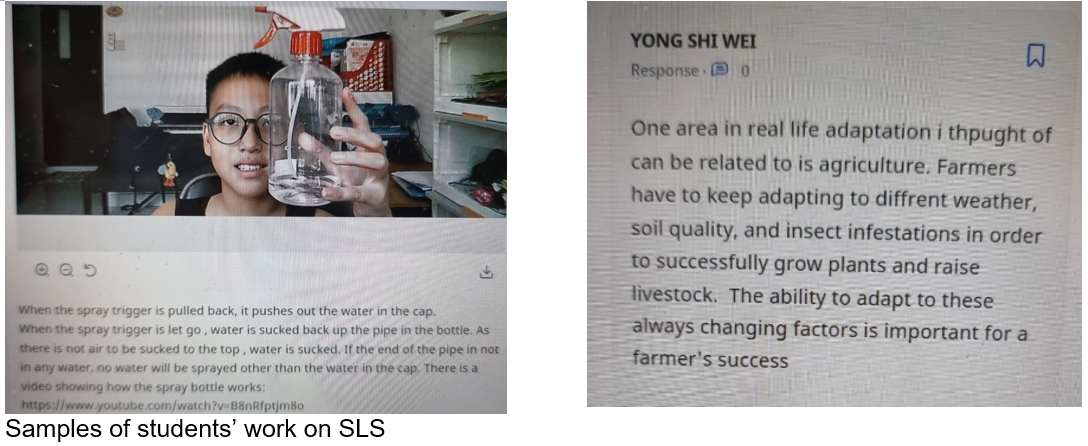 A student holds a spray bottle in a video, beside a written response about farmers adapting to weather and soil changes.
