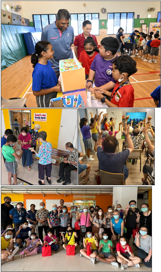 A collage of community events showing children and adults interacting indoors, with a group photo at the bottom.