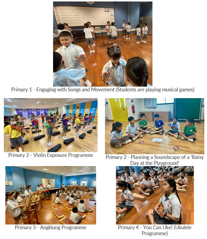 Five photos of young students in music programmes: singing, playing violin, angklung, ukulele, and soundscape planning.