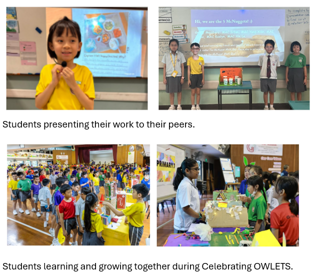 Four photos showing young students presenting projects on stage and at display booths during a school event.