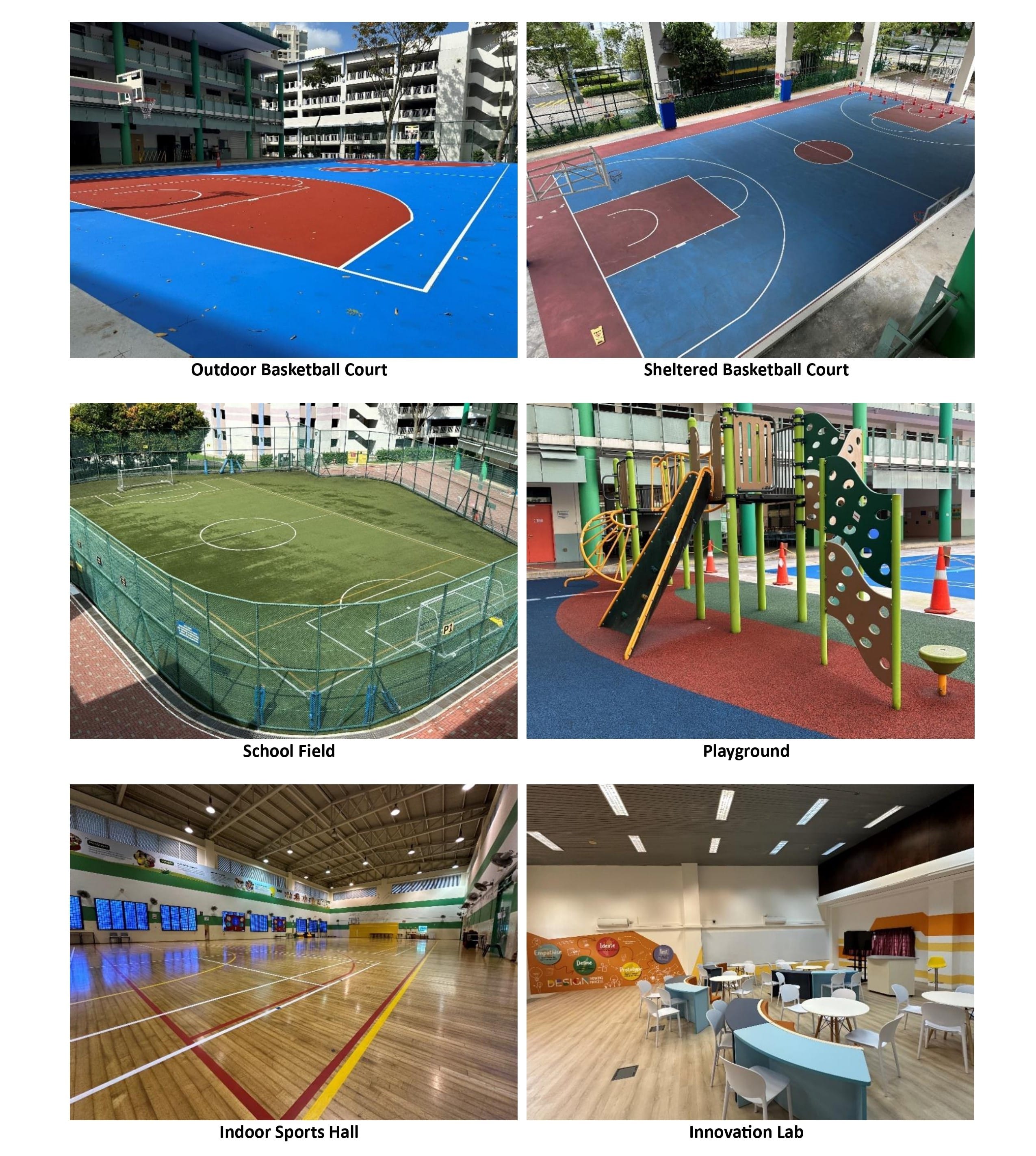 Six school facilities: outdoor and sheltered basketball courts, a field, playground, indoor sports hall, and innovation lab.