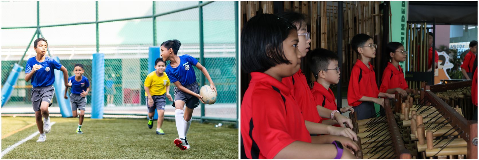 Children in blue run on a field with a rugby ball; separately, children in red uniforms play bamboo xylophones.