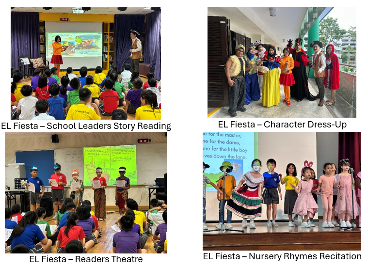 Four EL Fiesta school event photos showing story reading, character dress-up, readers theatre, and nursery rhyme recitation.