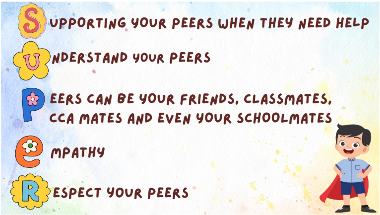 Colorful SUPER acronym poster about peer support, with a cartoon boy in a cape on the right.