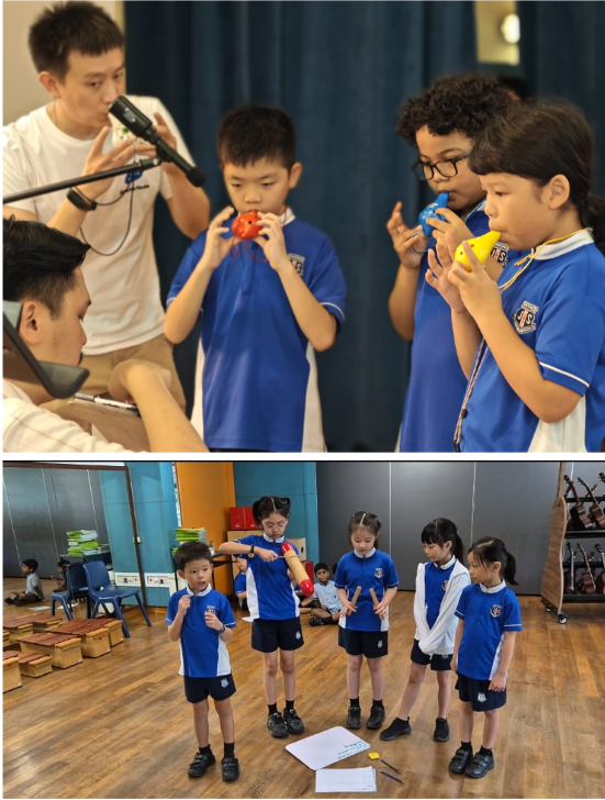 Children in blue uniforms play colorful wind instruments above, while others hold rhythm sticks in a music classroom below.