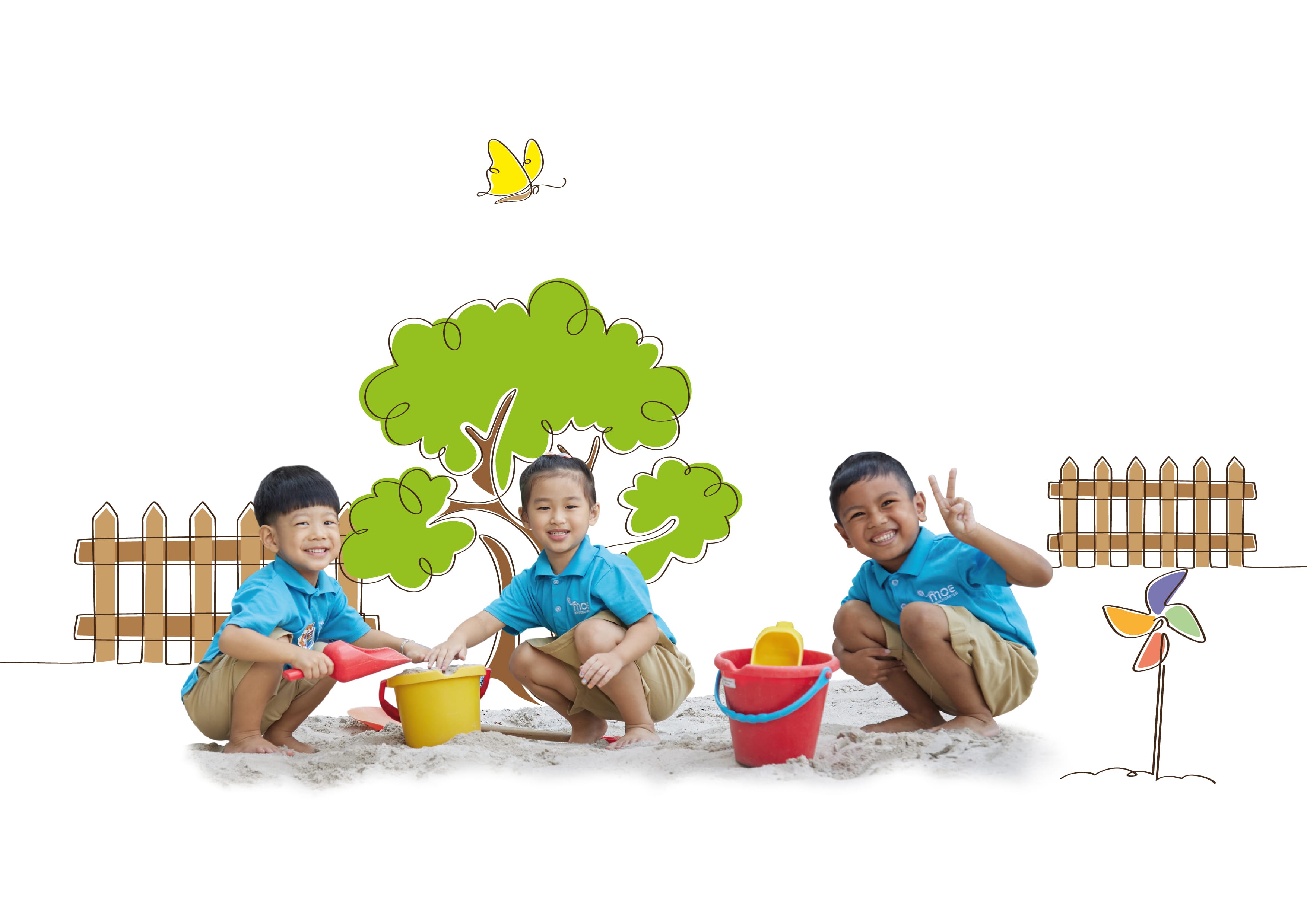 Three young boys in blue uniforms smile while playing in sand with colorful buckets, surrounded by cartoon drawings.