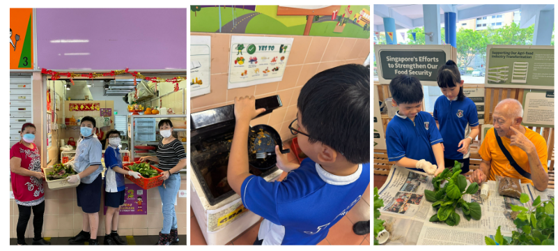 Three scenes show students in blue uniforms interacting with community members and food-related activities outdoors and indoors.