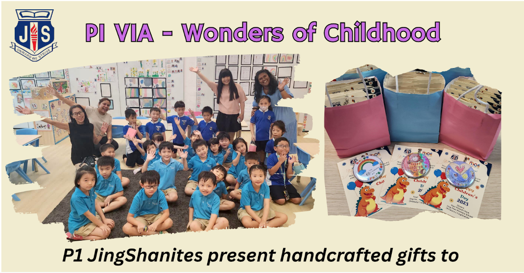 Group of young students in blue uniforms posing with teachers, beside handcrafted Children's Day gift bags and badges.