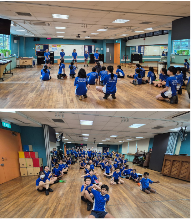 Children in blue uniforms sit and kneel on a wooden floor in a school hall, shown in two group photos.