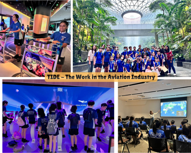 Students in blue uniforms explore aviation industry exhibits, pose near a waterfall, and attend a classroom presentation.