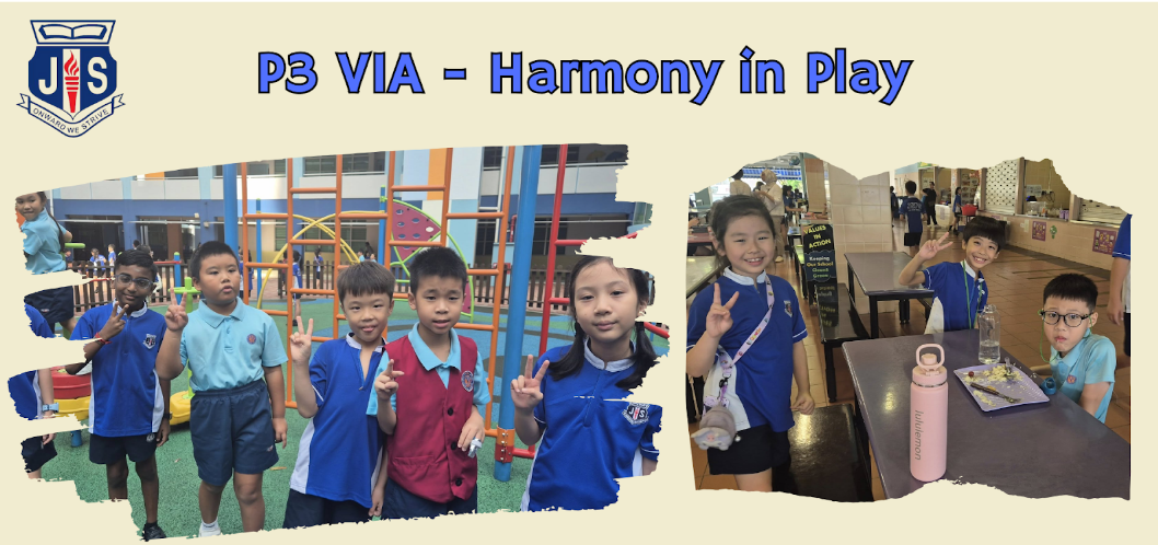 Students in blue uniforms posing with peace signs at a playground and cafeteria under the title P3 VIA Harmony in Play.