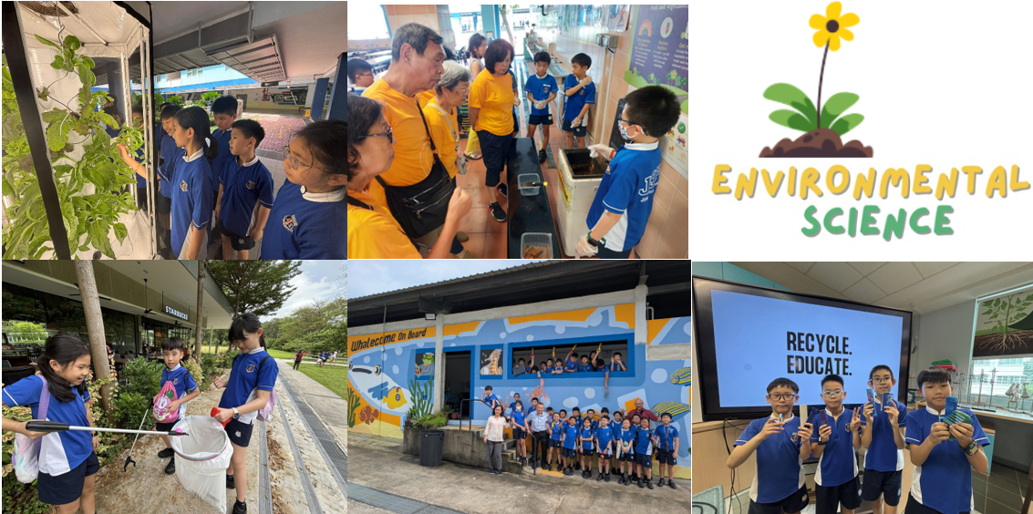 Students in blue uniforms participate in Environmental Science activities including litter picking, recycling, and nature exploration.