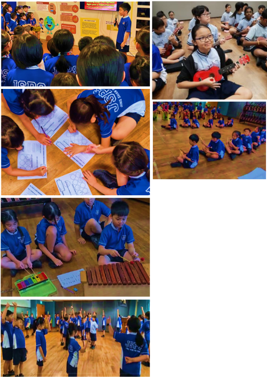 Six photos of young students in blue uniforms doing music and classroom activities including playing ukulele and xylophone.