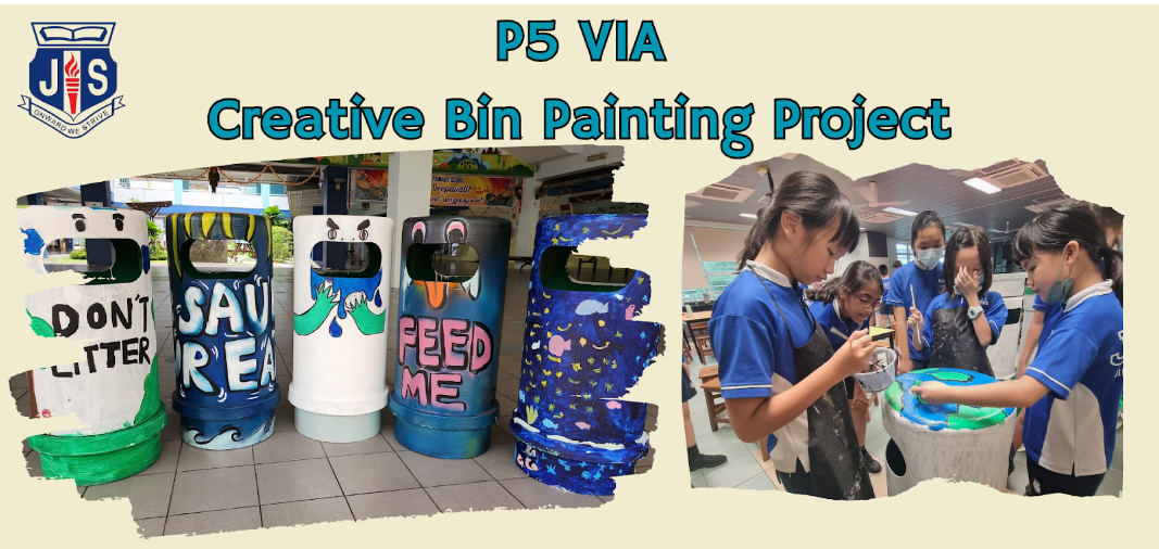 Students in blue uniforms painting colorful bins with phrases like "Don't Litter" and "Feed Me" for a school project.