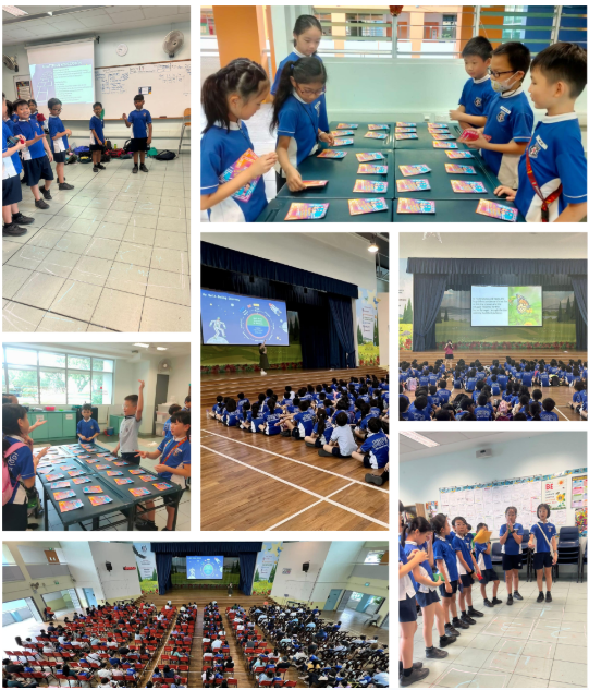 Students in blue uniforms attend school activities including presentations, group tasks with cards, and assembly gatherings in various indoor spaces.