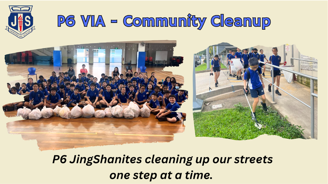 P6 students in blue uniforms pose with trash bags indoors and pick up litter outdoors during a community cleanup.