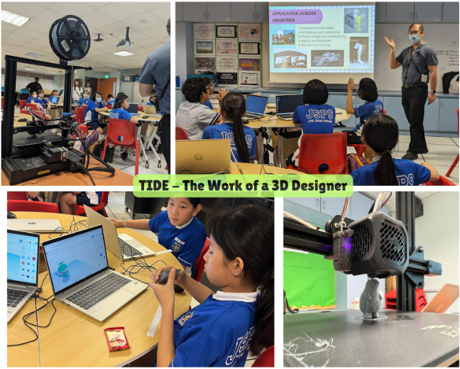 Students in blue uniforms learn about 3D design, using laptops and a 3D printer during a classroom session.
