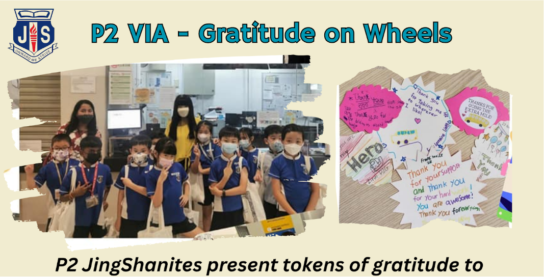 Young students in blue uniforms pose with teachers beside handmade thank-you cards for a gratitude activity.