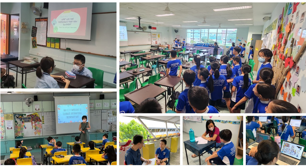 Students in blue uniforms attend classroom lessons with teachers presenting slides on projector screens.