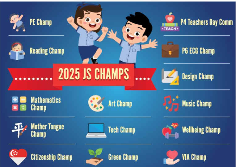 Blue poster titled 2025 JS Champs listing student award categories with icons and two cartoon children.