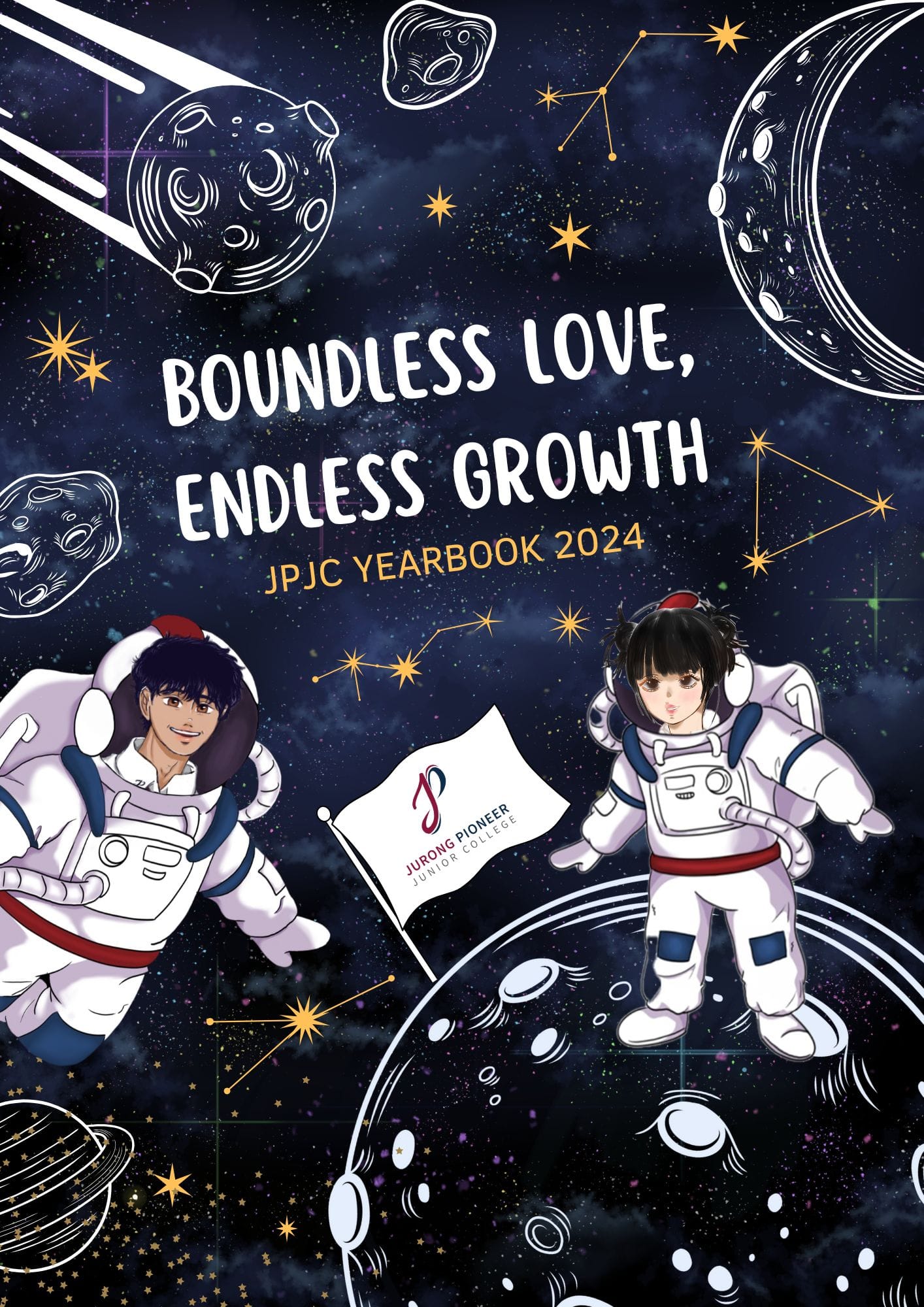 JPJC Yearbook 2024 cover with two anime astronauts in space, titled Boundless Love Endless Growth.