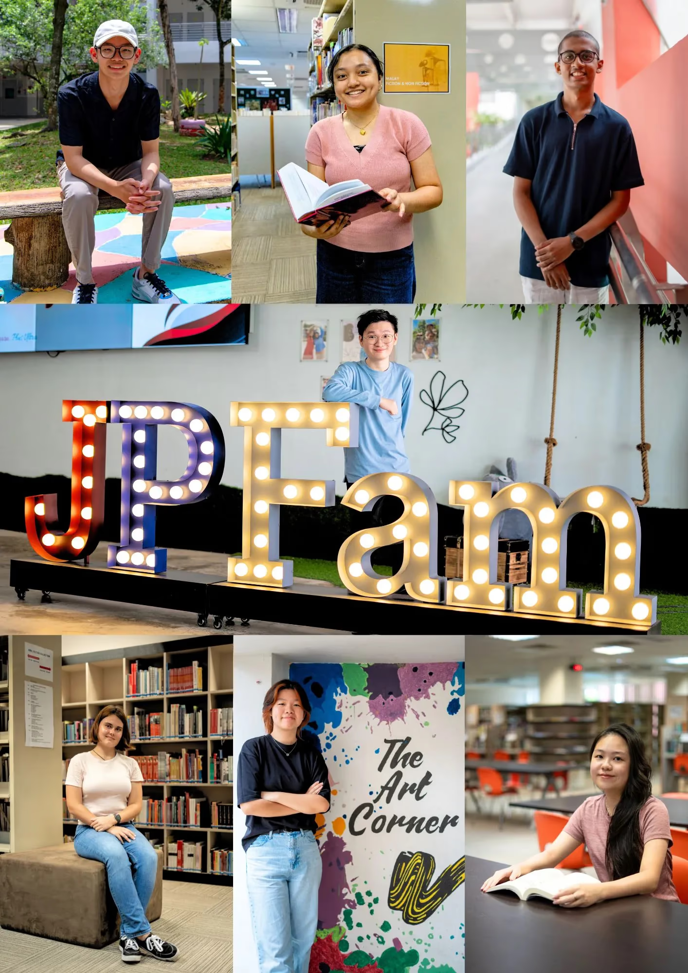 Six young students posed in libraries and campus settings around large lit-up letters spelling JP Fam.