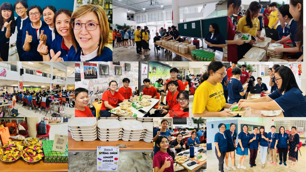 Collage of people at a food event, packing and serving meals, with groups posing and smiling together.