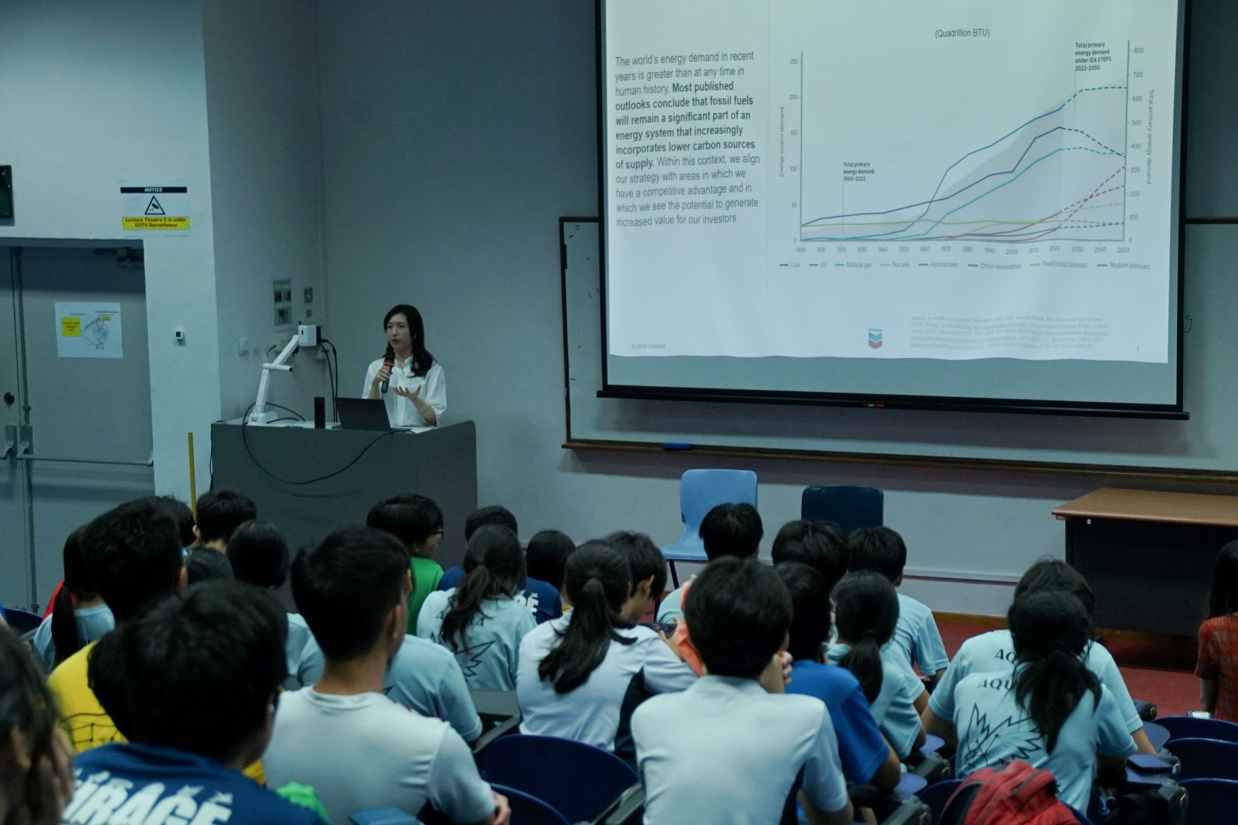 A woman presents at a podium to a seated audience in a lecture room, with a projected slide showing an energy demand chart.