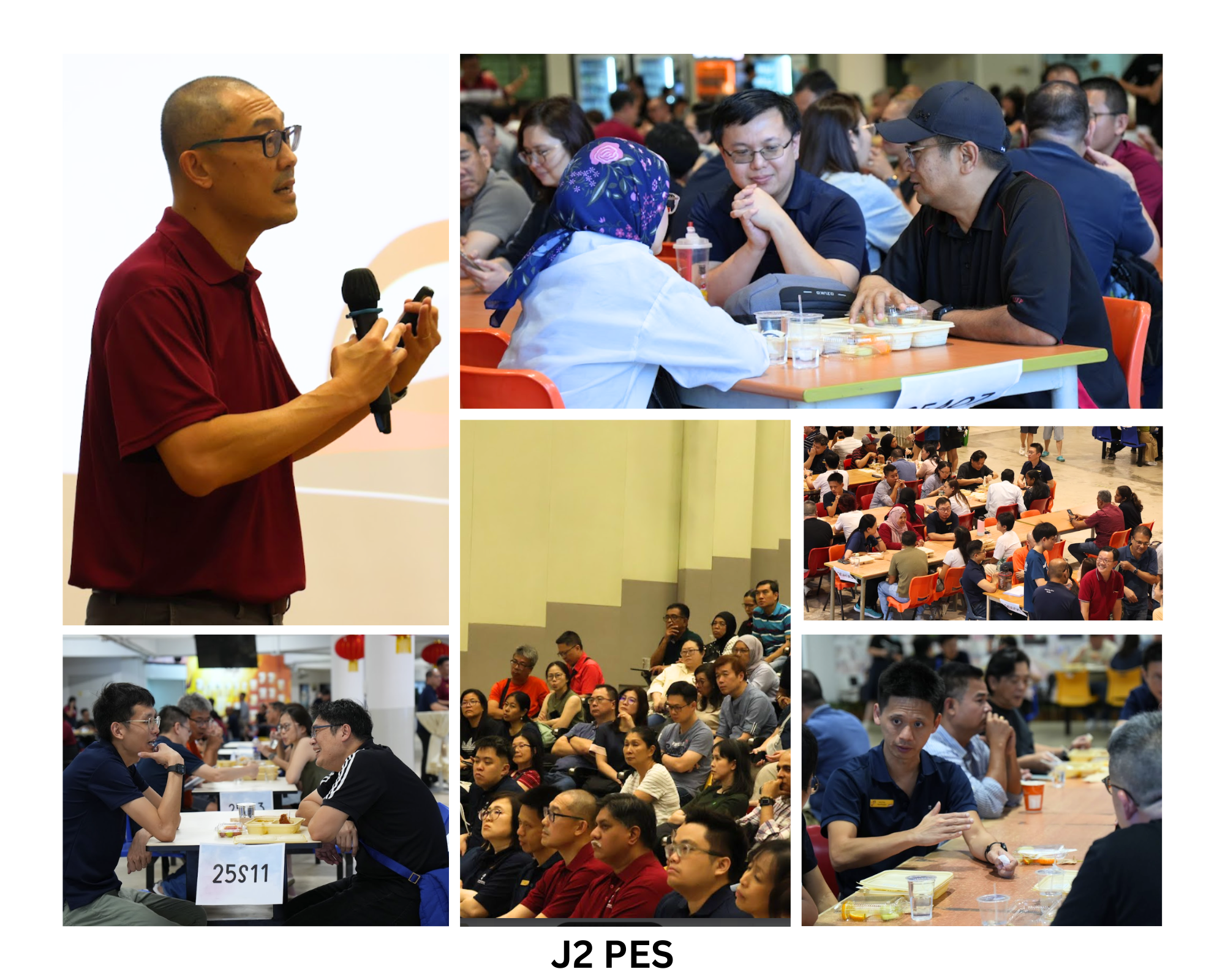 Collage of six photos showing a man speaking into a microphone and groups of people seated at tables during a J2 PES event.