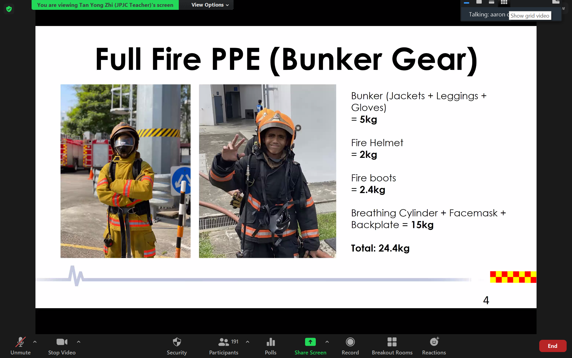Slide titled Full Fire PPE Bunker Gear showing two firefighters in gear with weight details totaling 24.4kg.