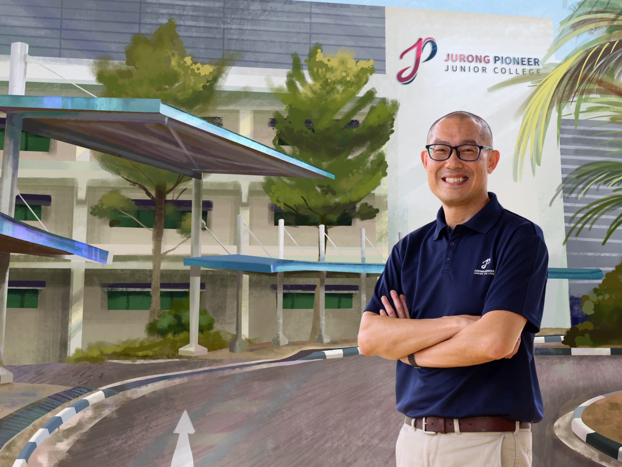 A smiling man with glasses and crossed arms stands before an illustrated Jurong Pioneer Junior College building.