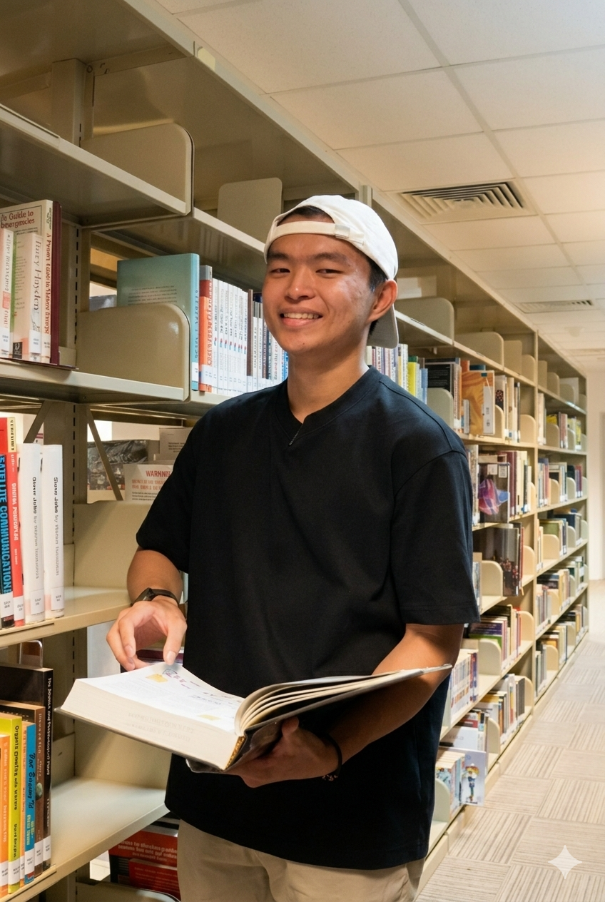 Young man in a black shirt and white cap smiling while holding an open book in a library aisle.