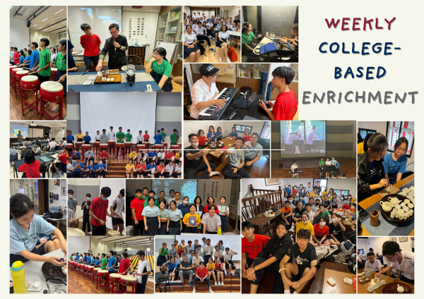 Collage of students in various enrichment activities including drumming, keyboard, crafts, and group gatherings, labeled Weekly College-Based Enrichment.