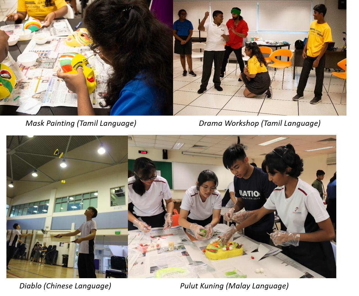 Four workshop photos: mask painting, Tamil drama, diablo spinning, and students decorating a Pulut Kuning cake.