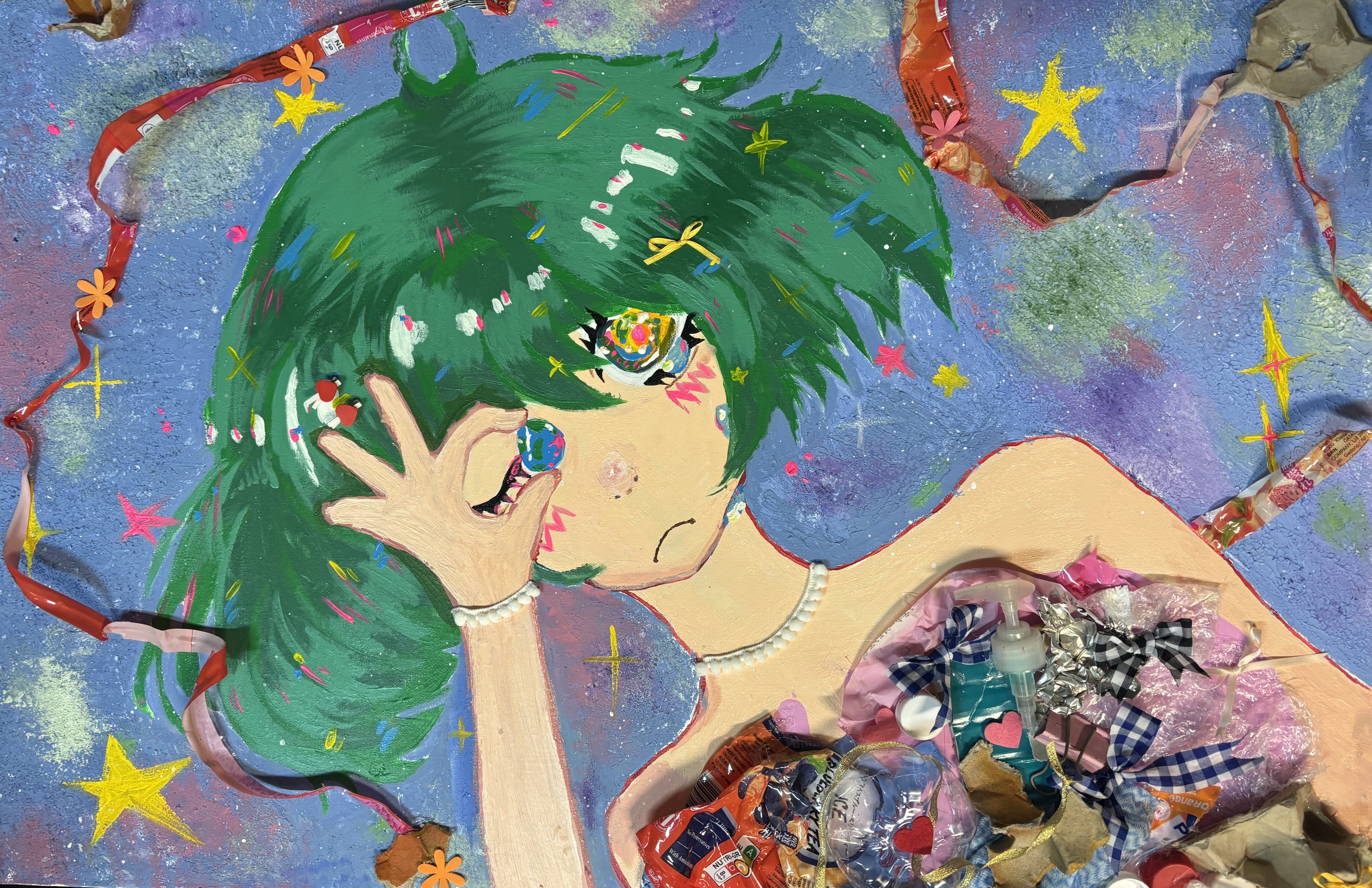 Mixed-media painting of green-haired girl with one eye, holding a marble; starry purple-blue background.
