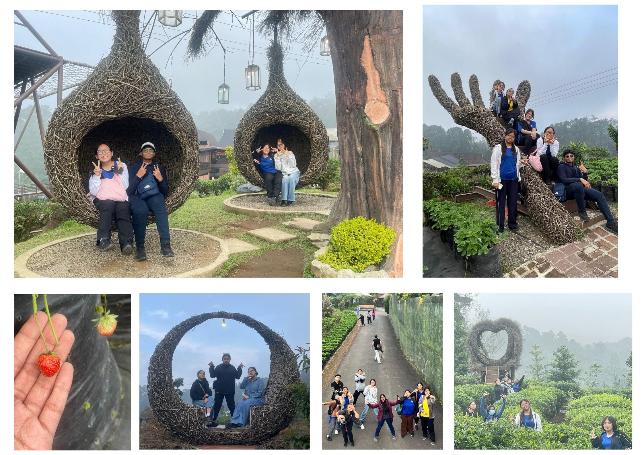 A group of people posing at a misty outdoor park with wicker sculptures, a hand statue, heart structure, and a strawberry held in hand.